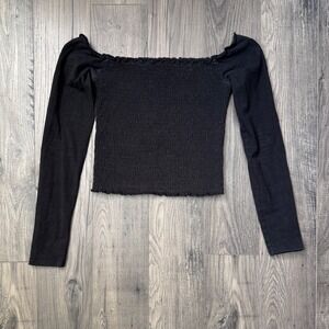 Hollister Smocked Off Shoulder Long Sleeve Crop Top Black Womens Size‎ Medium